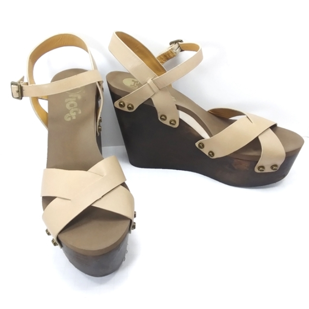 FLOGG Beige Leather & Brown Wood Antiquey Details Platform Sandals Like …
